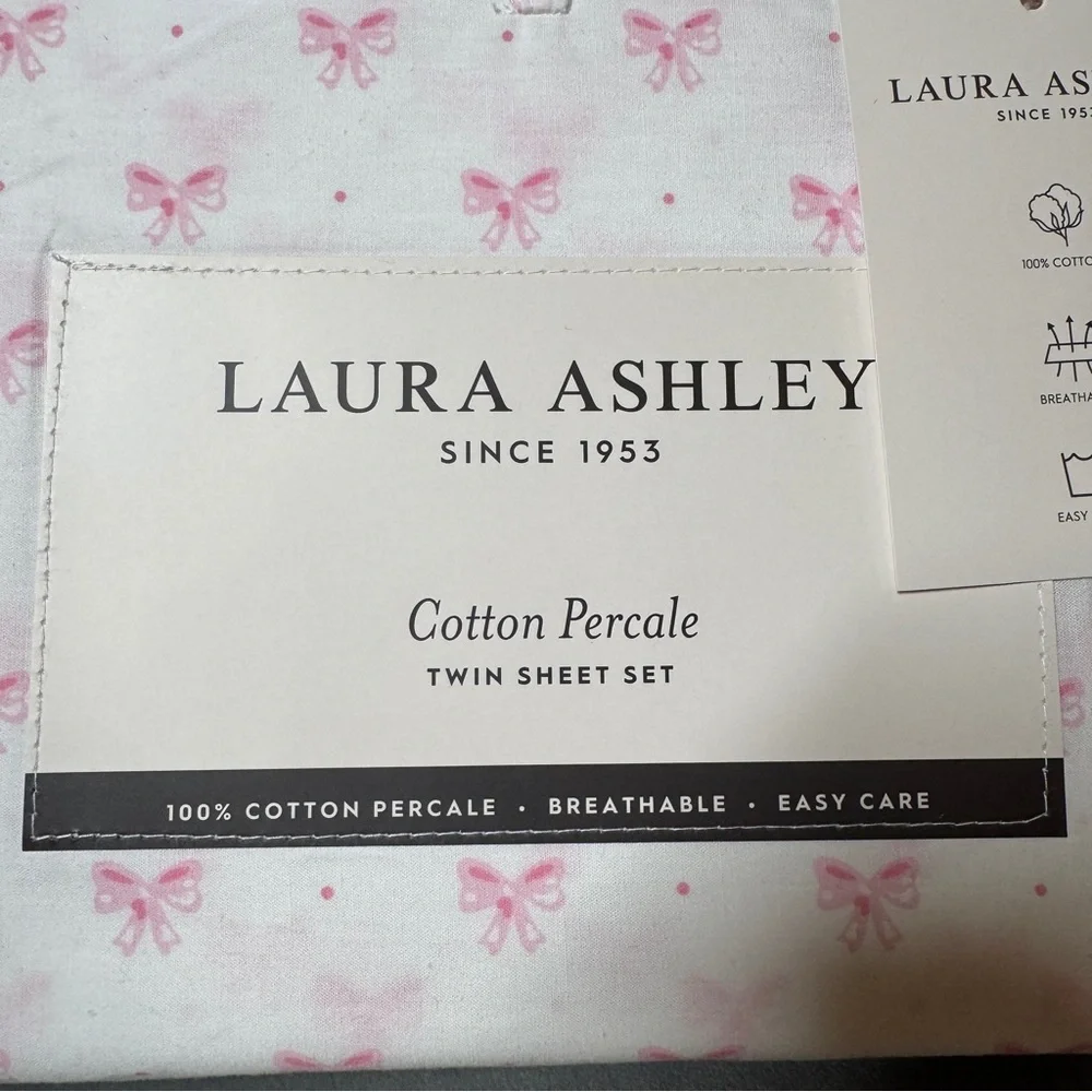 NEW Laura Ashley LOVELY BOWS Pink/White 3pc Twin Sheet‎ Set